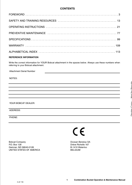 BOBCAT COMBINATION BUCKET (6987340) OPERATION AND MAINTENANCE MANUAL PDF DOWNLOAD