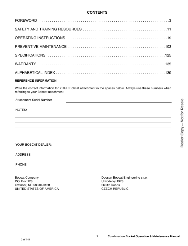 BOBCAT COMBINATION BUCKET (6987340) OPERATION AND MAINTENANCE MANUAL PDF DOWNLOAD