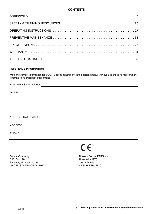 BOBCAT HOISTING WINCH WITH JIB (6989512ENGB) OPERATION AND MAINTENANCE MANUAL PDF FILE