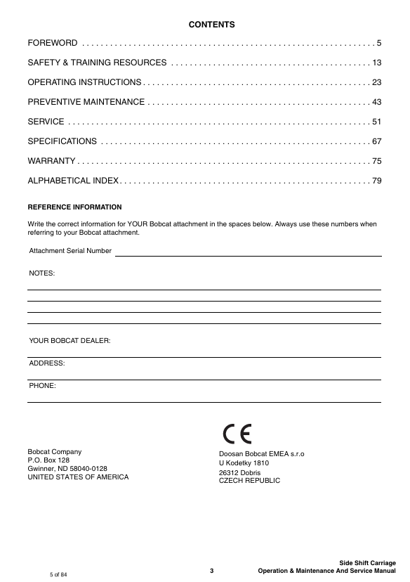 BOBCAT SIDE SHIFT CARRIAGE 3,5T (6990122ENGB) OPERATION & MAINTENANCE AND SERVICE MANUAL PDF DOWNLOAD