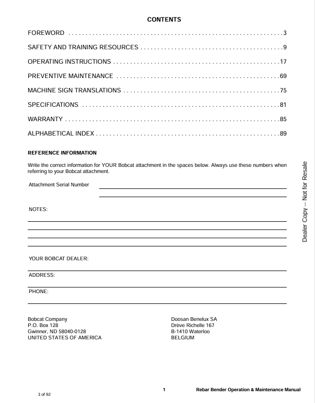 BOBCAT REBER BENDER (6990430ENUS) OPERATION & MAINTENANCE MANUAL PDF DOWNLOAD