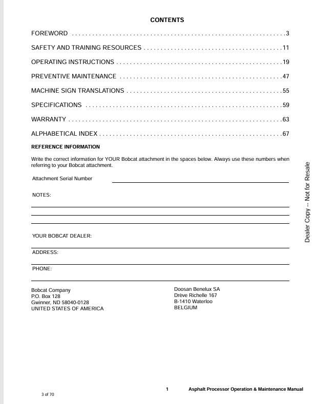 BOBCAT ASPHALT PROCESSOR S/N AYYS00101 & ABOVE (6990461) OPERATION AND MAINTENANCE MANUAL PDF FILE