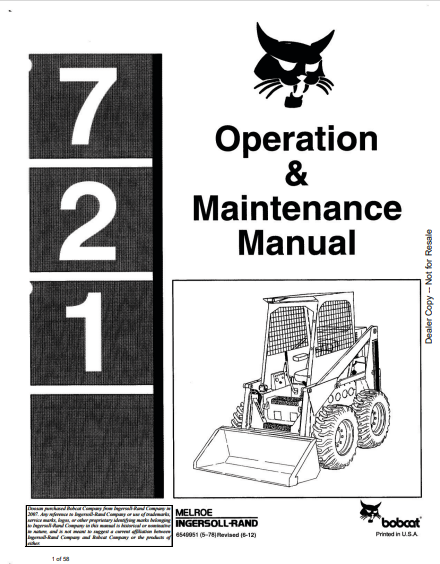 BOBCAT 721 OPERATION & MAINTENANCE MANUAL (6549951) - PDF FILE