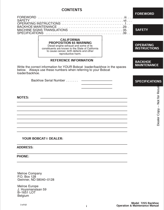 BOBCAT 725S BACKHOE (6900120) OPERATION AND MAINTENANCE MANUAL PDF FILE