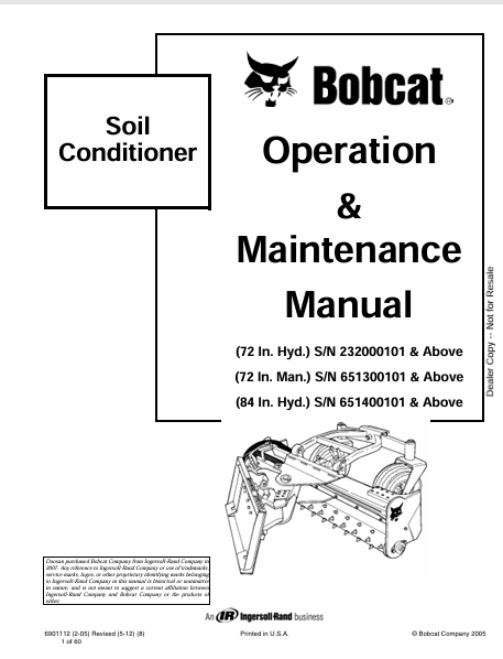 BOBCAT 72 IN. HYD, 72 IN. MAN, 84 IN. HYD SOIL CONDITIONER OPERATION & MAINTENANCE MANUAL (6901112) - PDF FILE