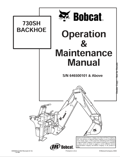 BOBCAT 730SH BACKHOE OPERATION & MAINTENANCE MANUAL (6900923) - PDF FILE