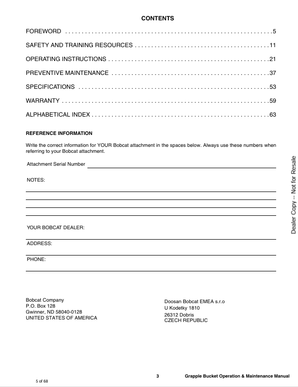 BOBCAT GRAPPLE BUCKET (7328993ENUS) OPERATION & MAINTENANCE MANUAL PDF FILE