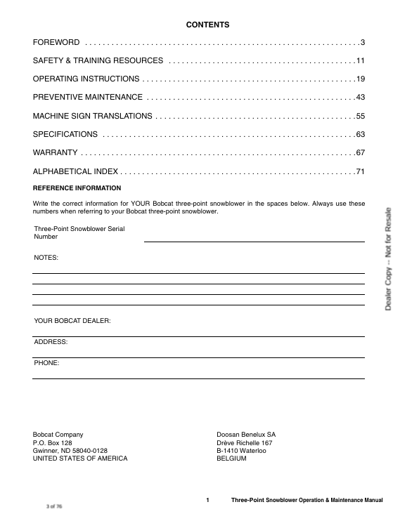 BOBCAT THREE-POINT SNOWBLOWER 50, 60, 66, 74 INCH (7384036ENUS) OPERATION AND MAINTENANCE MANUAL PDF FILE