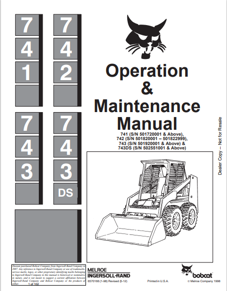 BOBCAT 741, 742, 743, 743DS OPERATION & MAINTENANCE MANUAL (6570166) - PDF FILE