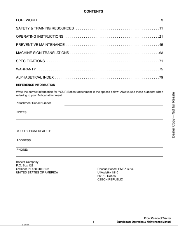 BOBCAT FRONT COMPACT TRACTOR SNOW BLOWER (7420120ENUS) OPERATION & MAINTENANCE MANUAL PDF DOWNLOAD