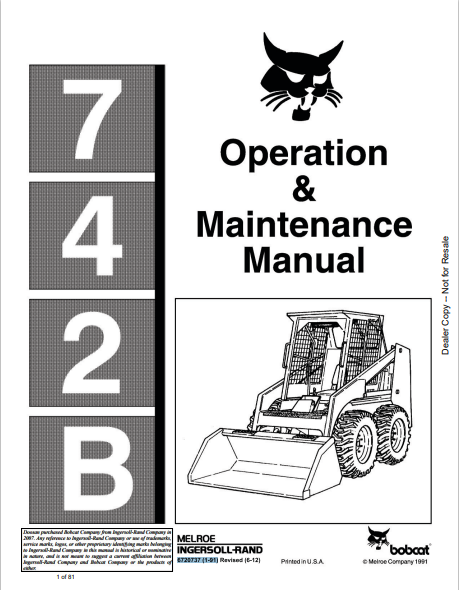 BOBCAT 742B OPERATION & MAINTENANCE MANUAL (6720737) - PDF FILE