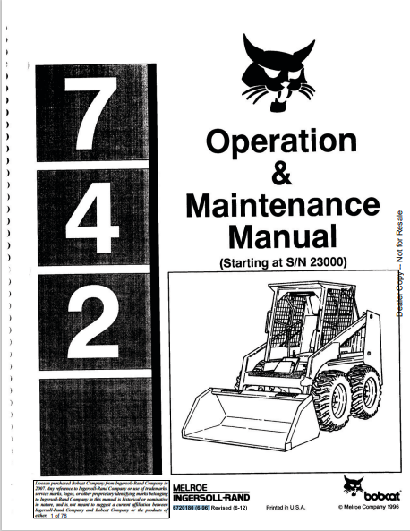 BOBCAT 742 OPERATION & MAINTENANCE MANUAL (6720180) - PDF FILE