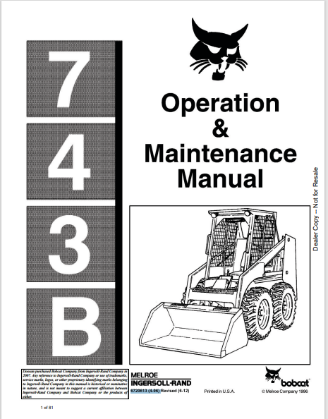 BOBCAT 743B OPERATION & MAINTENANCE MANUAL (6720613) - PDF FILE
