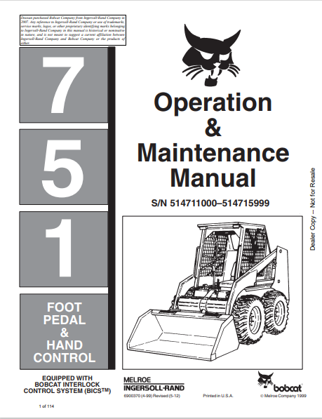 BOBCAT 751 OPERATION & MAINTENANCE MANUAL (6900370) - PDF FILE