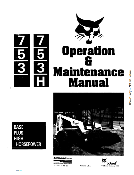 BOBCAT 753, 753H OPERATION & MAINTENANCE MANUAL (6722443) - PDF FILE