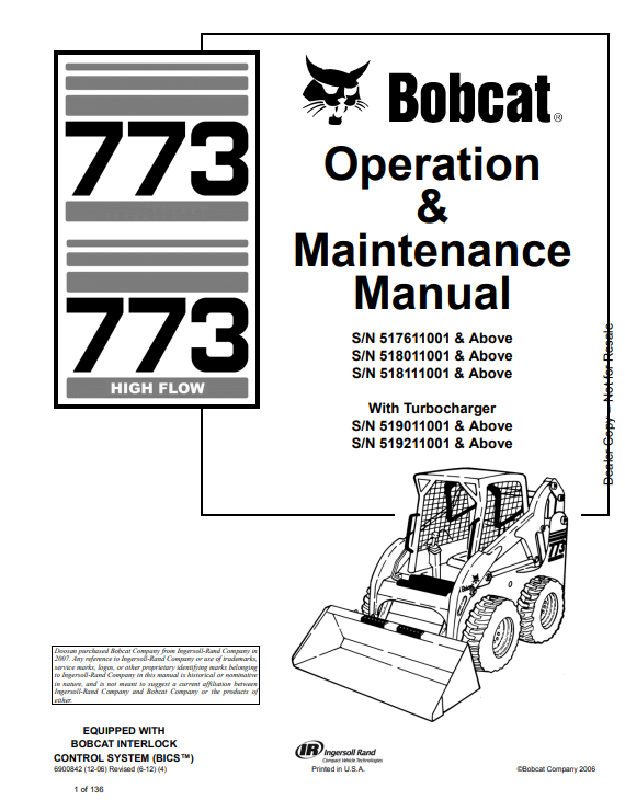 BOBCAT 773 OPERATION & MAINTENANCE MANUAL (6900842) - PDF FILE