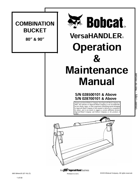 BOBCAT 80” & 90” COMBINATION BUCKET VERSAHANDLER OPERATION & MAINTENANCE MANUAL (6901384) - PDF FILE