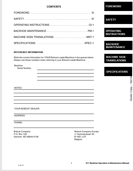BOBCAT 811 BACKHOE (6900404) OPERATION AND MAINTENANCE MANUAL PDF FILE