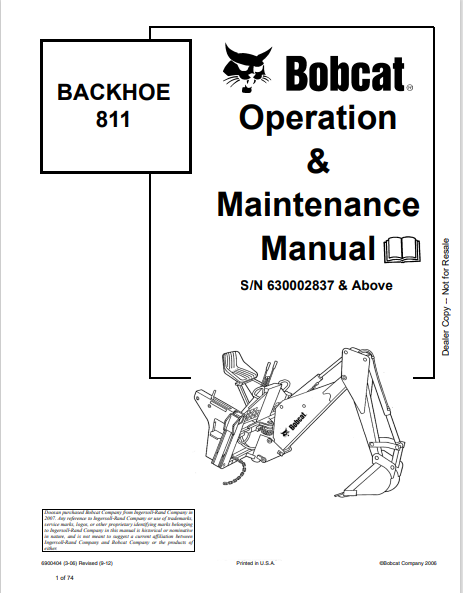 BOBCAT 811 BACKHOE OPERATION & MAINTENANCE MANUAL (6900404) - PDF FILE