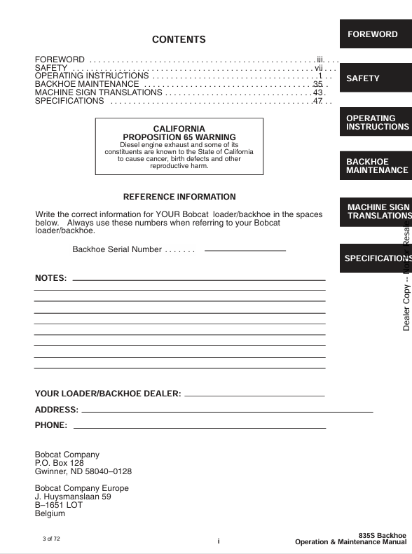 BOBCAT 835S BACKHOE (6720861) OPERATION AND MAINTENANCE MANUAL PDF FILE