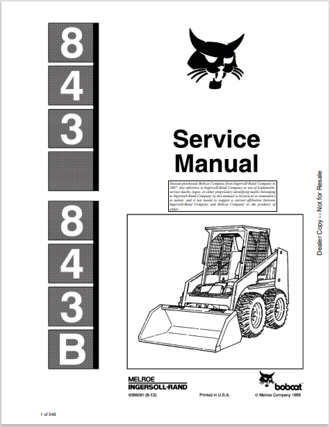 BOBCAT 843, 843B SERVICE MANUAL (6566091) - PDF FILE