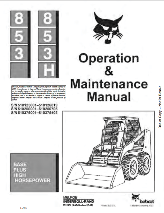 BOBCAT 853, 853H OPERATION & MAINTENANCE MANUAL (6566611) - PDF FILE