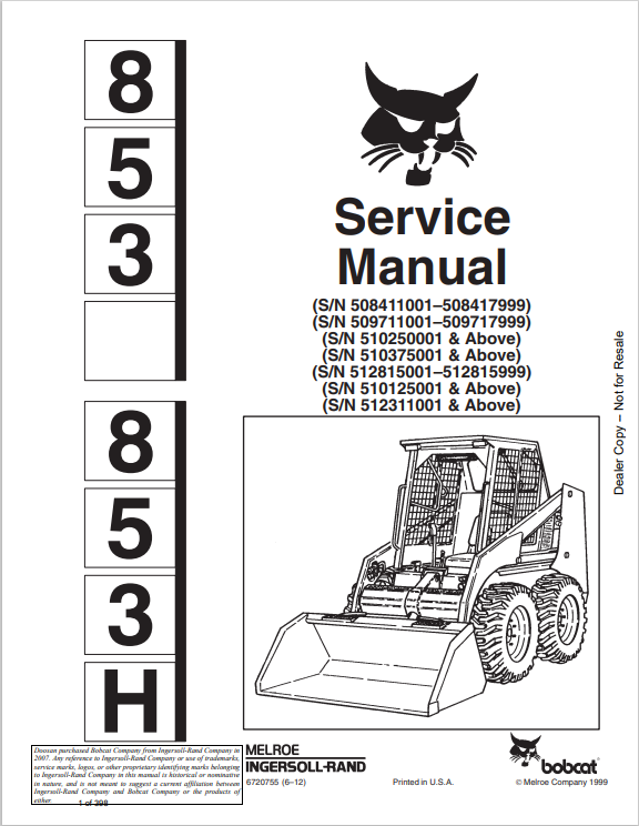 BOBCAT 853, 853H SERVICE MANUAL (6720755) - PDF FILE
