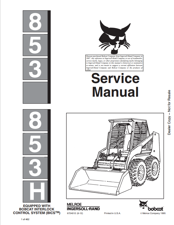 BOBCAT 853, 853H SERVICE MANUAL (6724012) - PDF FILE