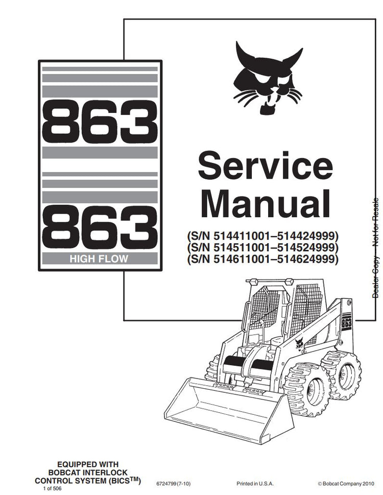 BOBCAT 863, 863H Skid Steer Loader Service Information 6724799 (7-10) - PDF File