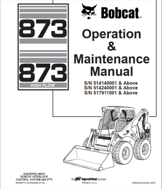 BOBCAT 873 HIGH FLOW OPERATION & MAINTENANCE MANUAL - PDF FILE