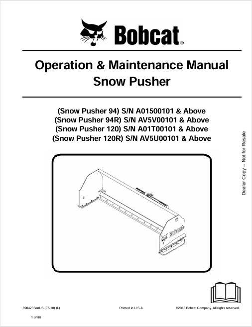 BOBCAT 94, 94R, 120, 120R SNOW PUSHER OPERATION & MAINTENANCE MANUAL (6904233) - PDF FILE