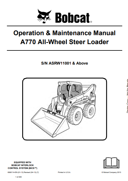 BOBCAT A770 ALL-WHEEL STEER LOADER OPERATION & MAINTENANCE MANUAL (6990114) - PDF FILE