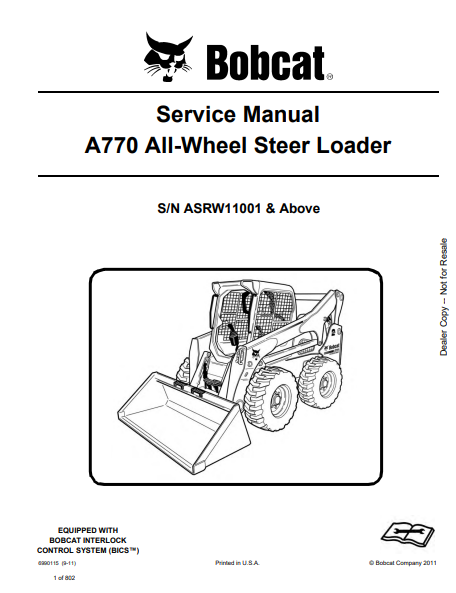 BOBCAT A770 ALL-WHEEL STEER LOADER SERVICE MANUAL (6990115) - PDF FILE