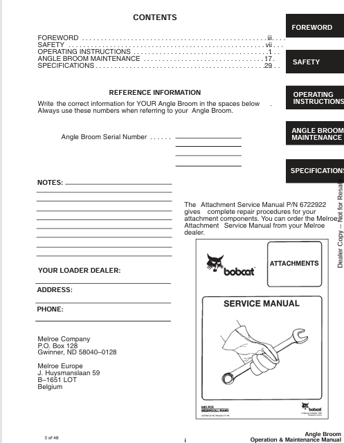 BOBCAT ANGLE BROOM (6720359) OPERATION AND MAINTENANCE MANUAL PDF FILE