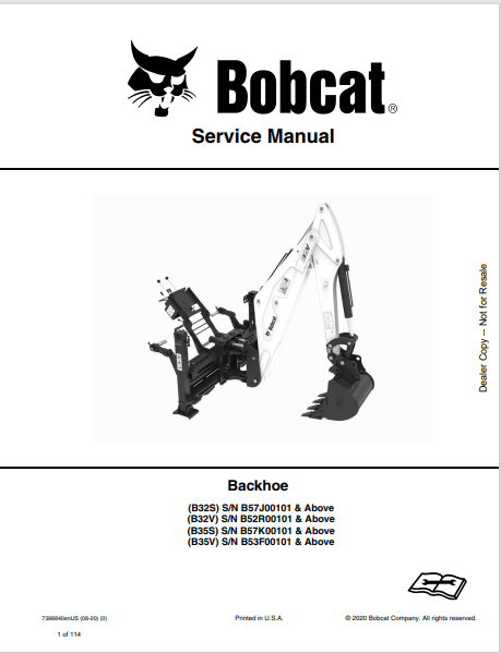 BOBCAT B32S, B32V, B35S, B35V BACKHOE SERVICE MANUAL (7398840) - PDF FILE