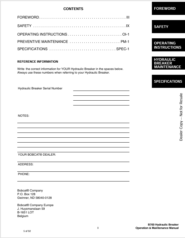BOBCAT B700 HYDRAULIC BREAKER (6901102) OPERATION AND MAINTENANCE MANUAL PDF FILE