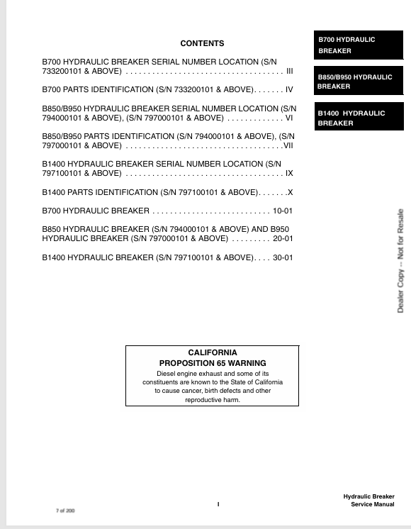 BOBCAT B700, B850, B950, B1400 HYDRAULIC BREAKER (6901152) SERVICE MANUAL PDF DOWNLOAD