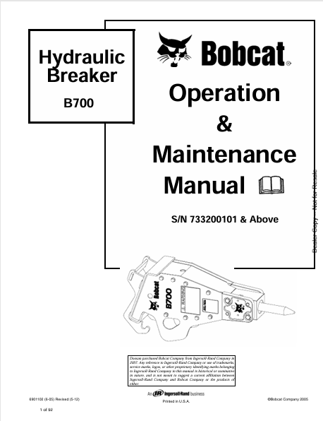 BOBCAT B700 HYDRAULIC BREAKER OPERATION & MAINTENANCE MANUAL (6901102) - PDF FILE