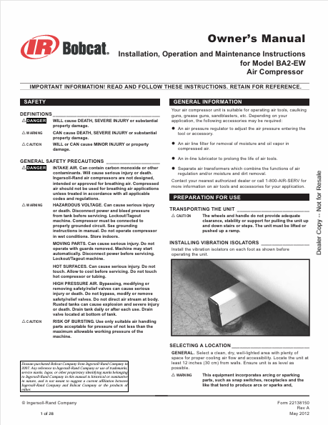 BOBCAT BA2-EW AIR COMPRESSOR INSTALLATION,OPERATION AND MAINTENANCE INSTRUCTIONS OWNER'S MANUAL (22138150) - PDF FILE