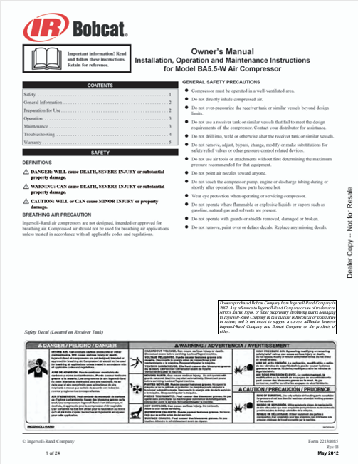 BOBCAT BA5.5-W AIR COMPRESSOR INSTALLATION, OPERATION AND MAINTENANCE INSTRUCTIONS OWNER'S MANUAL (22138085) - PDF FILE