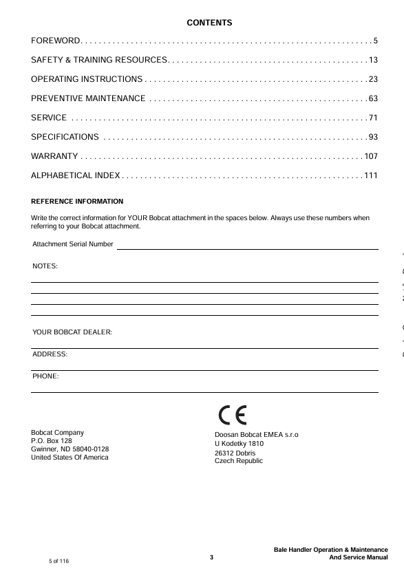 BOBCAT BALE HANDLER (6986719) OPERATION AND MAINTENANCE MANUAL PDF FILE