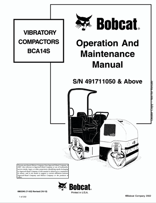 BOBCAT BCA14S VIBRATORY COMPACTORS OPERATION & MAINTENANCE MANUAL (6902245) - PDF FILE