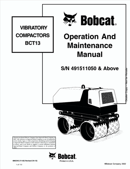 BOBCAT BCT13 VIBRATORY COMPACTORS OPERATION AND MAINTENANCE MANUAL (6902243) - PDF FILE
