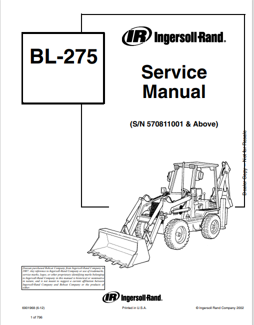 BOBCAT BL-275 IR INGERSOLL RAND SERVICE MANUAL (6901968) - PDF FILE