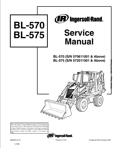 BOBCAT BL-570, BL-575 IR INGERSOLL RAND SERVICE MANUAL (6902022) - PDF FILE