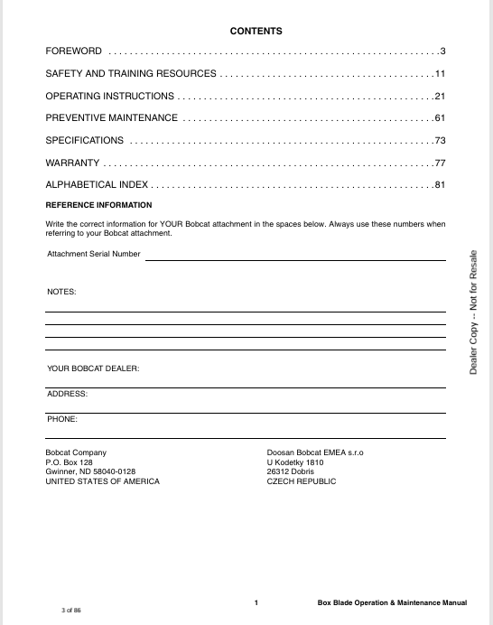 BOBCAT BOX BLADE HD 84 (7361896) OPERATION AND MAINTENANCE MANUAL PDF FILE