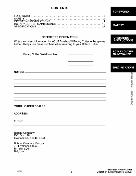BOBCAT BRUSHCAT ROTARY CUTTER (6900451) OPERATION AND MAINTENANCE MANUAL PDF FILE