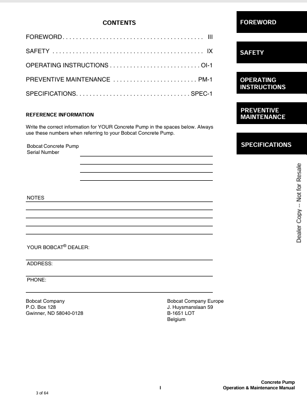 BOBCAT CONCRETE PUMP (6901059) OPERATION & MAINTENANCE MANUAL PDF FILE