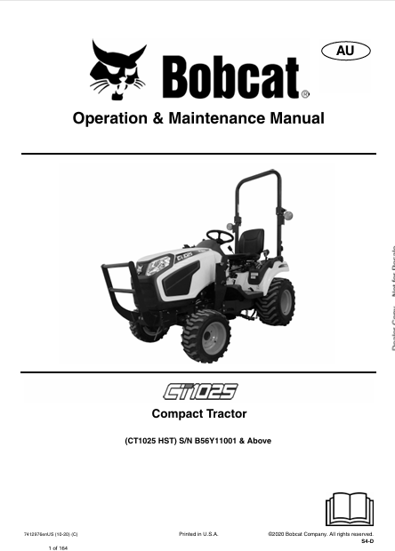 BOBCAT CT1025 COMPACT TRACTOR OPERATION & MAINTENANCE MANUAL (7412976) - PDF FILE