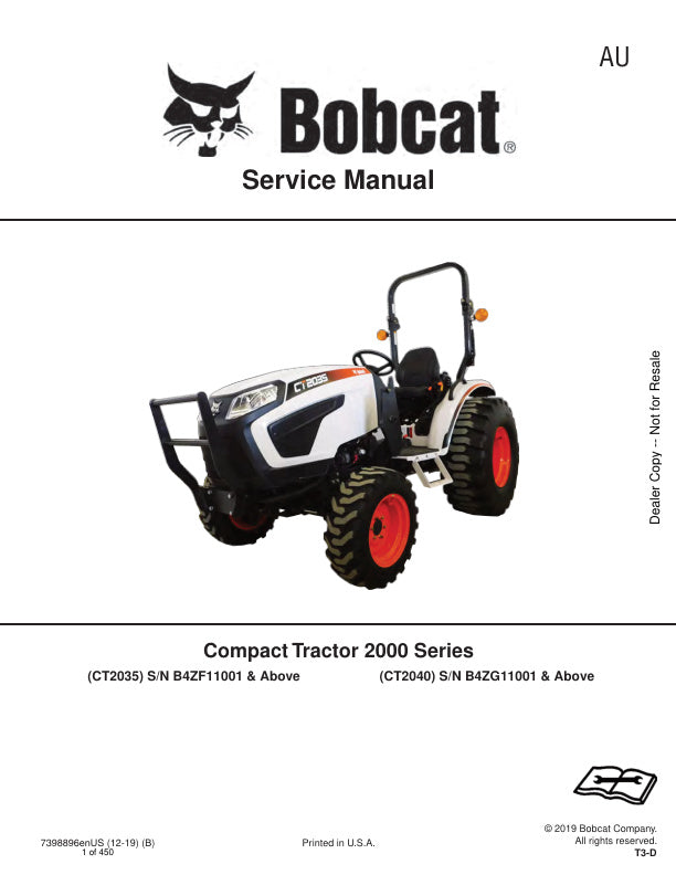 BOBCAT CT2035, CT2040 B4ZF11001, B4ZG11001 & UP SERVICE MANUAL 7398896 (12-19) - PDF FILE